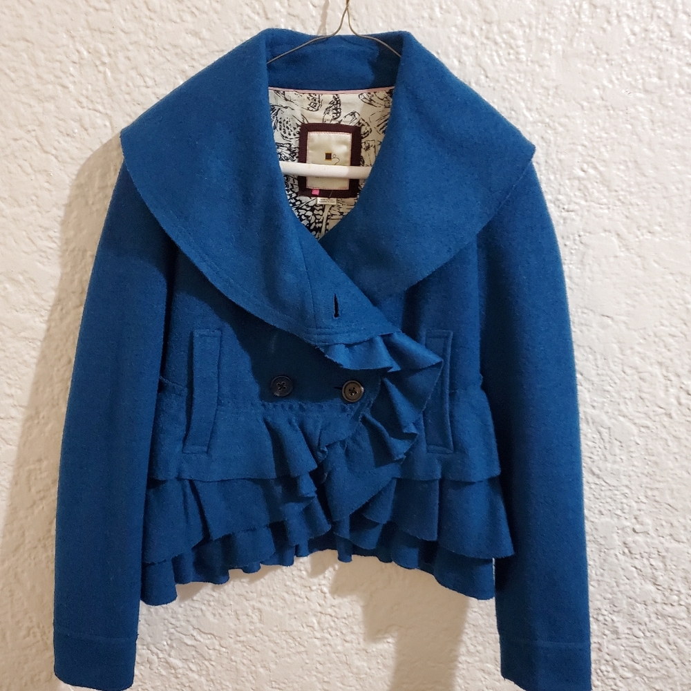 Elevenses Anthropologie Wool Peacoat Women's size 0. Blue Ruffle Front.